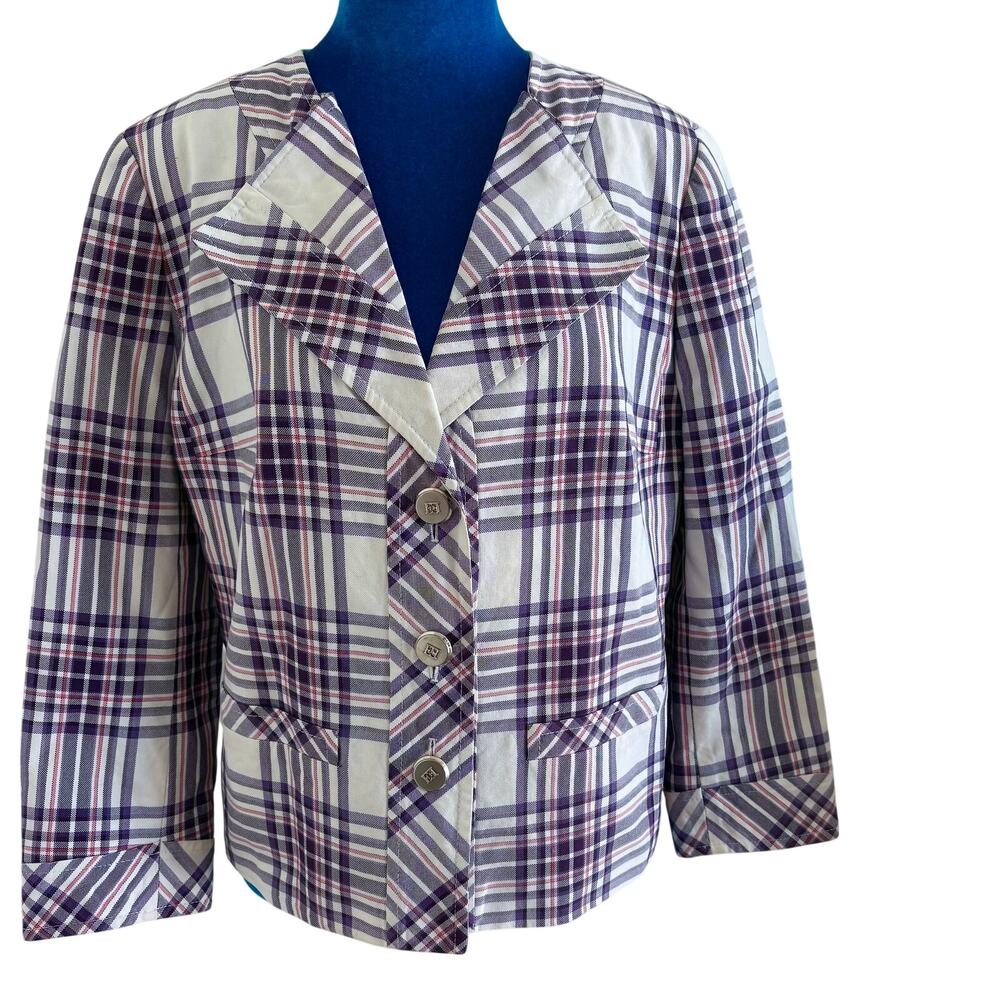Vintage Y2K ESCADA Plaid 100% Cotton Jacket White Purple Pink Luxury Couture